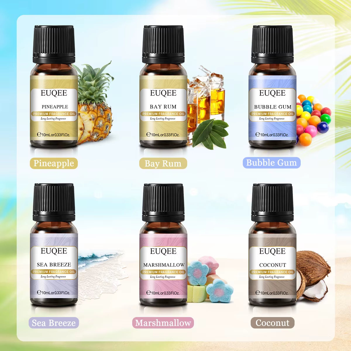 6X10Ml Holiday Island Fragrance Oils Gift Set for Humidifier - Sea Breeze,Bubble Gum,Bay Rum,Marshmallow,Pineapple,Coconut