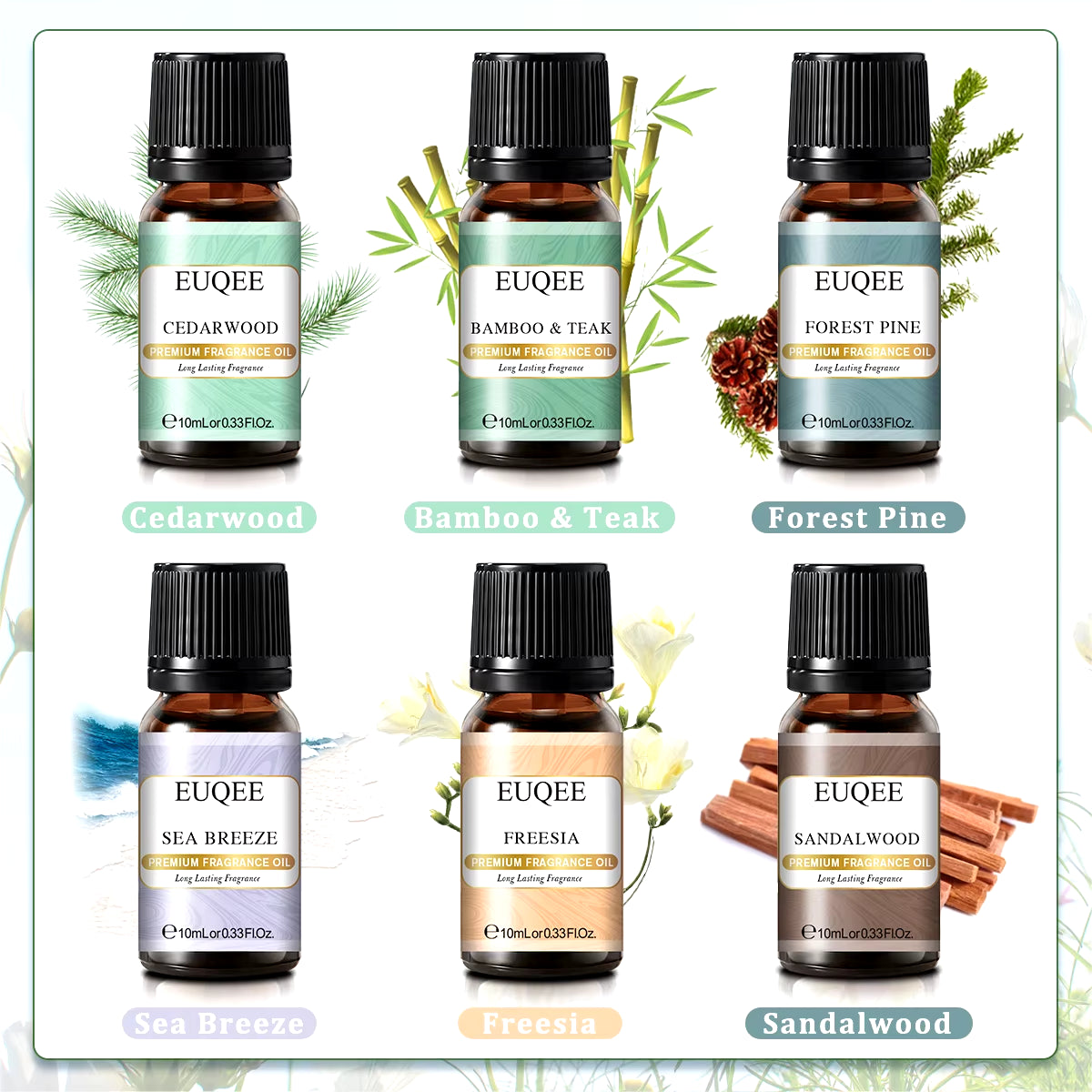 6PCS Fragrance Oils Gift Set for Candle Making - 10Ml Sea Breeze,Forest Pine,Bamboo & Teak,Cedarwood,Sandalwood,Freesia