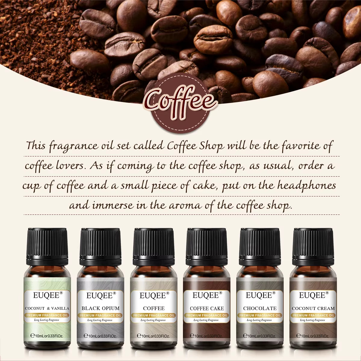 6PCS Coffee Shop Fragrance Oils Gift Set - Coffee, Coffee Cake, Chocolate, Coconut Cream, Coconut & Vanilla, Black Opiumm