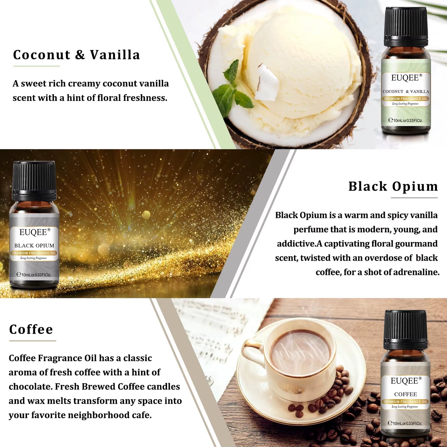 6PCS Coffee Shop Fragrance Oils Gift Set - Coffee, Coffee Cake, Chocolate, Coconut Cream, Coconut & Vanilla, Black Opiumm