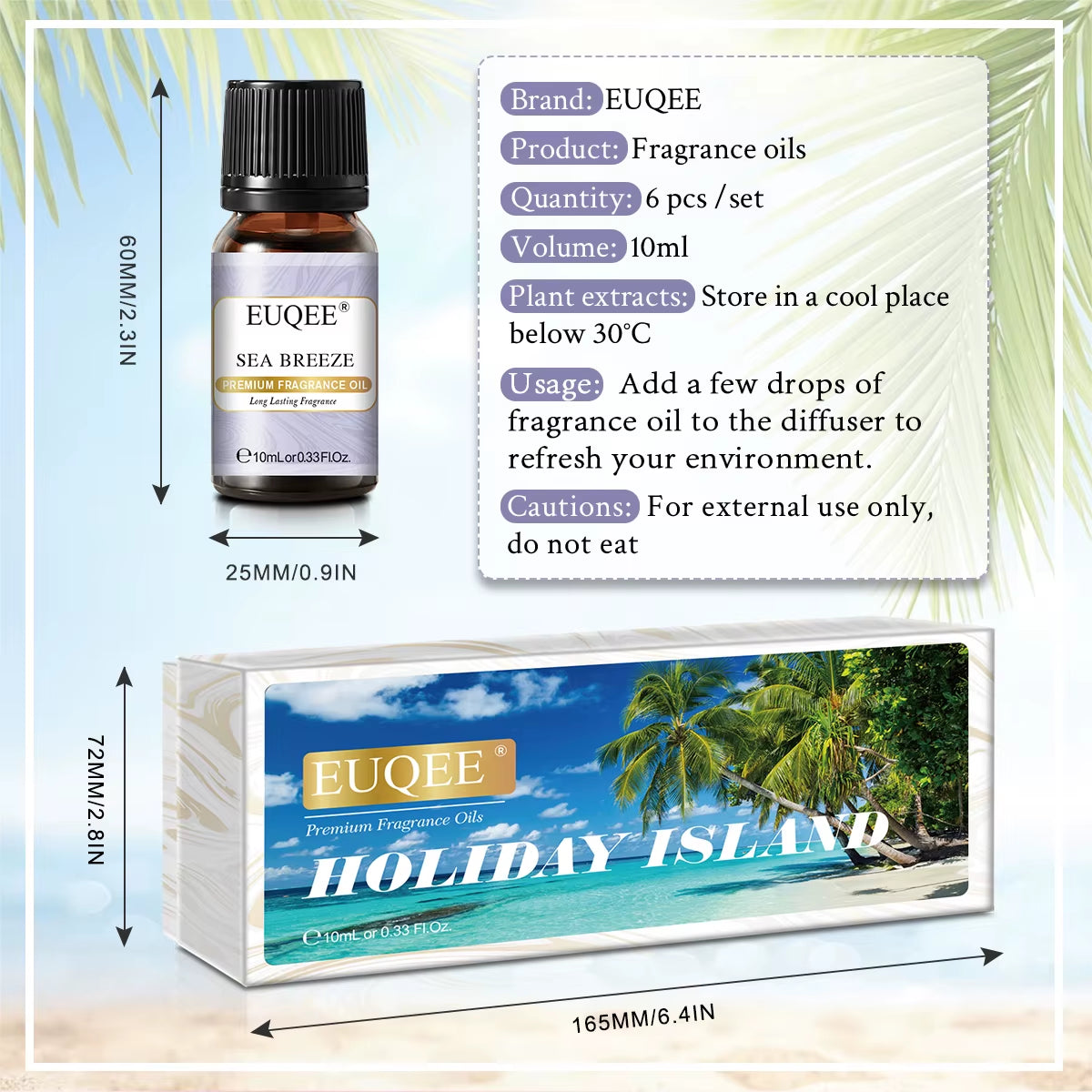 6X10Ml Holiday Island Fragrance Oils Gift Set for Humidifier - Sea Breeze,Bubble Gum,Bay Rum,Marshmallow,Pineapple,Coconut