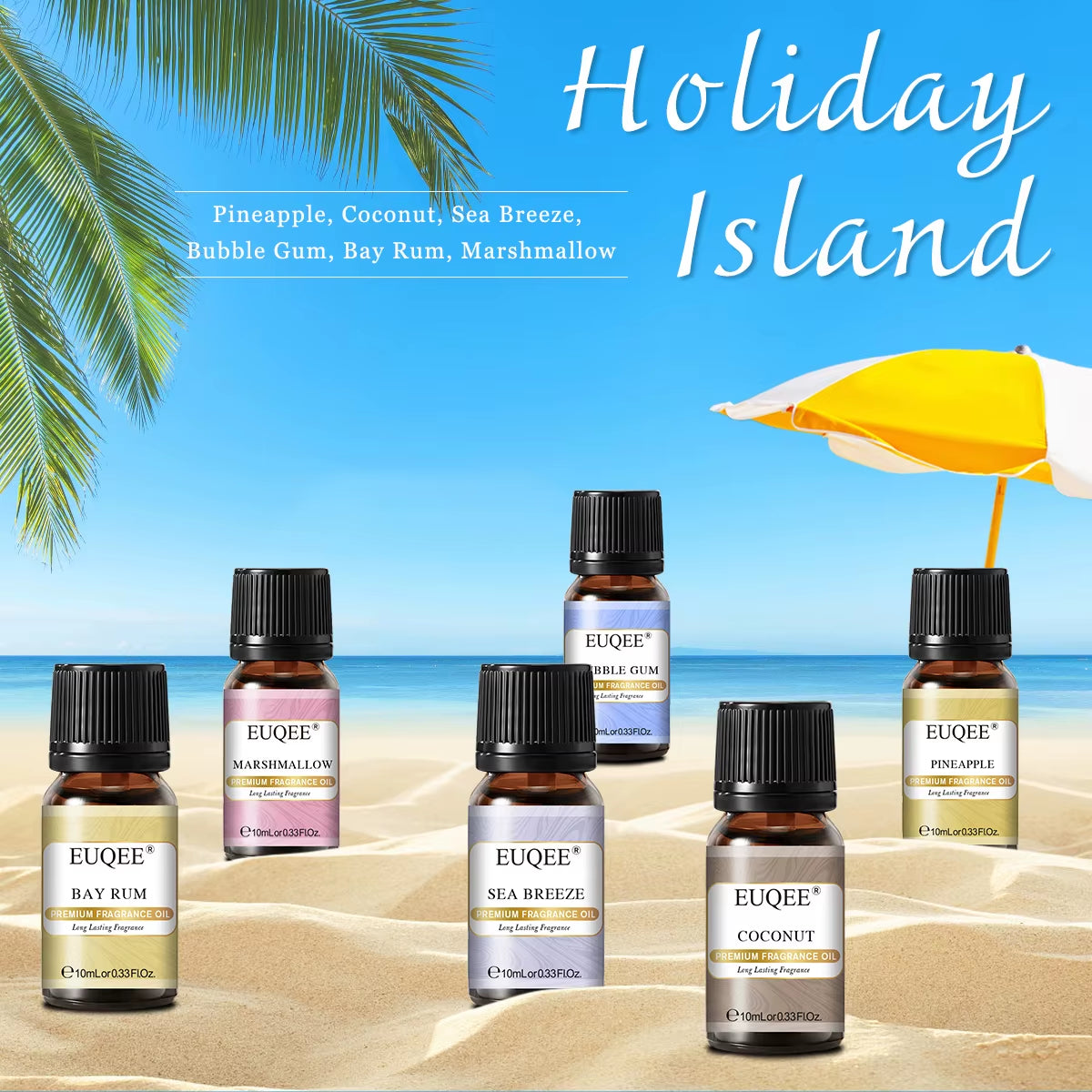 6X10Ml Holiday Island Fragrance Oils Gift Set for Humidifier - Sea Breeze,Bubble Gum,Bay Rum,Marshmallow,Pineapple,Coconut