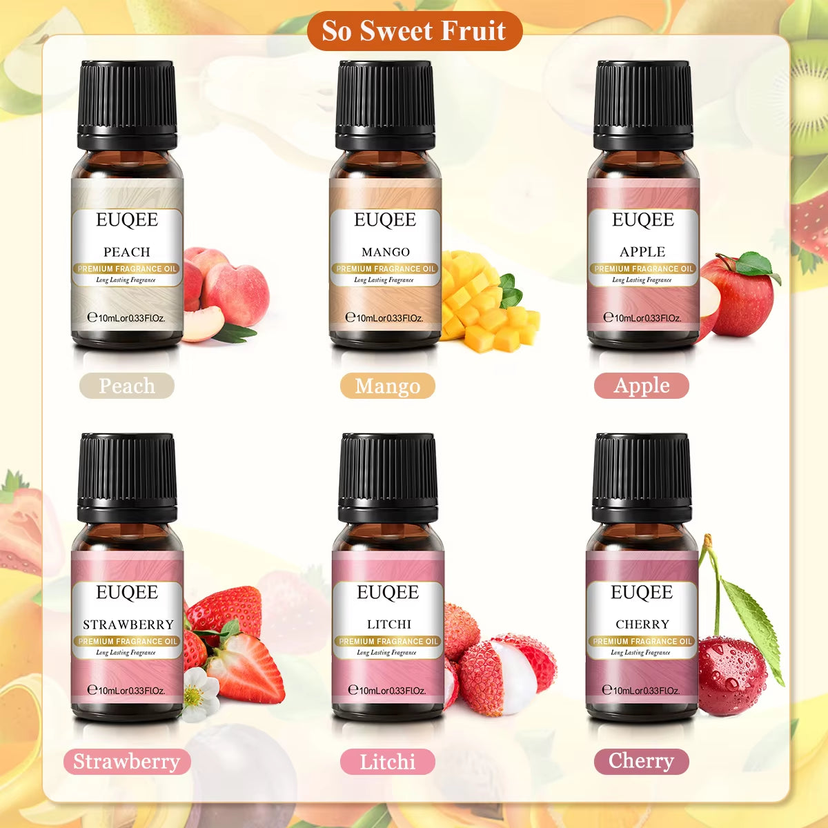 6Pcs Fruit Fragrance Oils Gift Set for Humidifier Diffuser DIY Soap Candle - Strawberry Cherry Litchi Apple Mango Peach