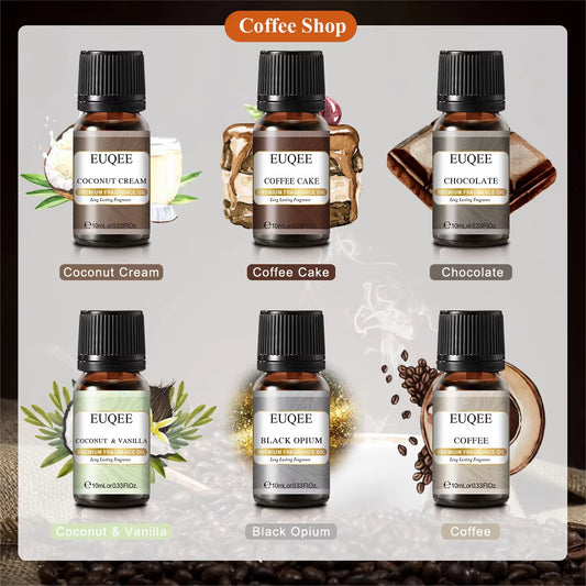 6PCS Coffee Shop Fragrance Oils Gift Set - Coffee, Coffee Cake, Chocolate, Coconut Cream, Coconut & Vanilla, Black Opiumm