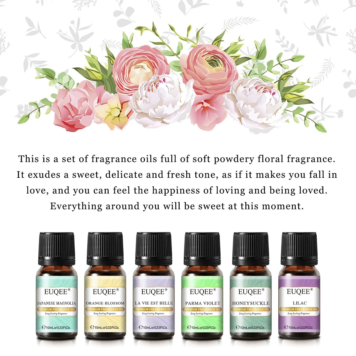 6PCS Floral Fragrance Oils Gift Set - La Vie Est Belle,Orange Blossom,Japanese Magnolia,Lilac,Parma Violet,Honeysuckle