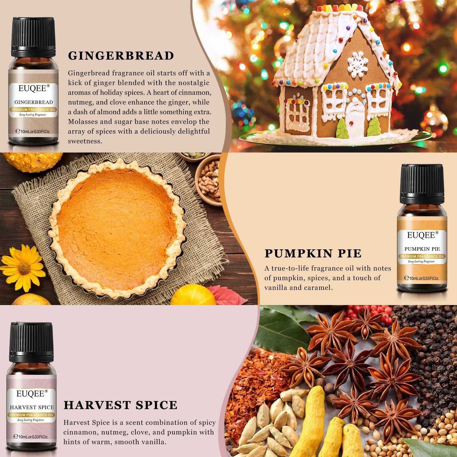 6PCS Fragrance Oils Gift Set - 10ML Forest Pine, Christmas Wreath, Brown Sugar, Harvest Spice, Gingerbread, Pumpkin Pie