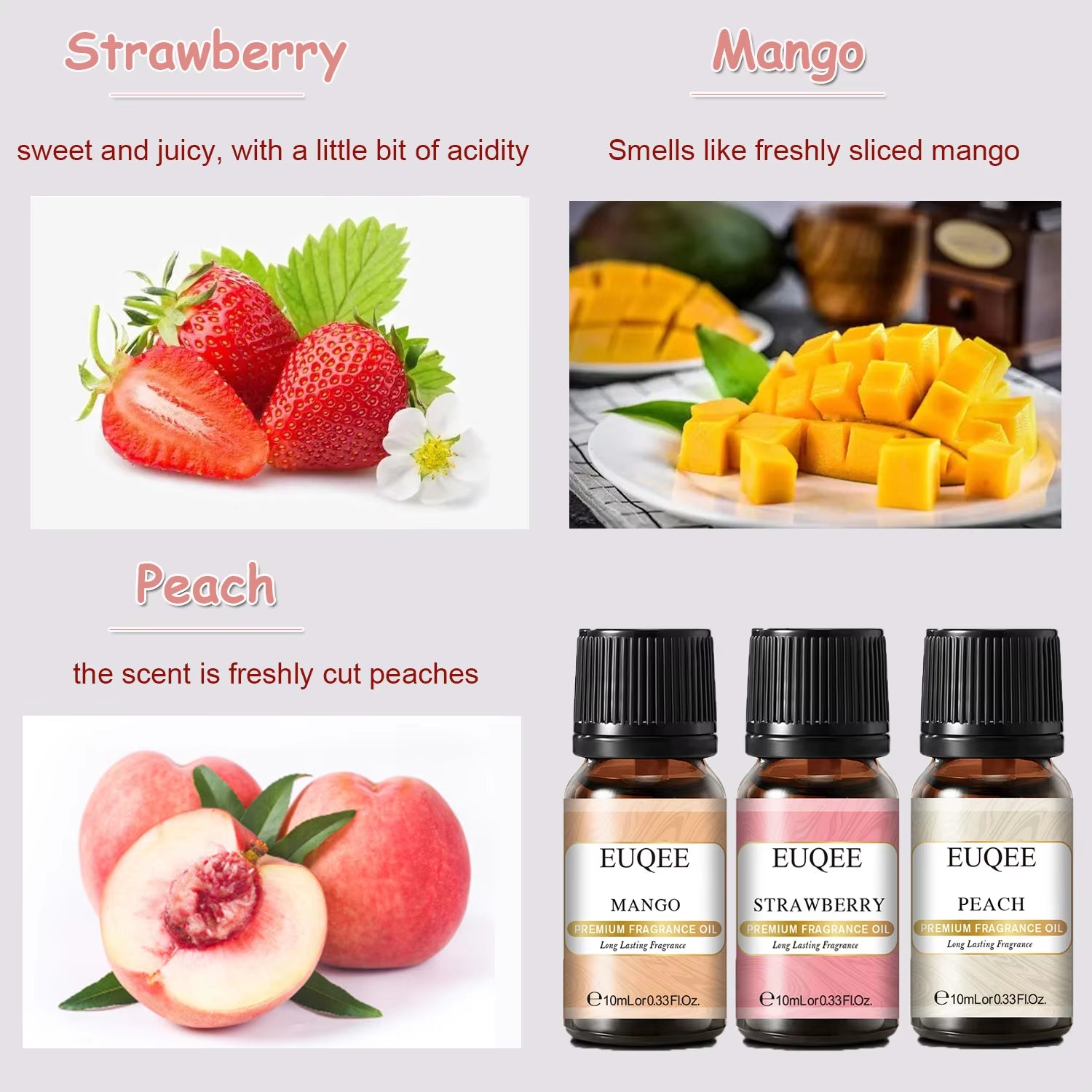 6Pcs Fruit Fragrance Oils Gift Set for Humidifier Diffuser DIY Soap Candle - Strawberry Cherry Litchi Apple Mango Peach