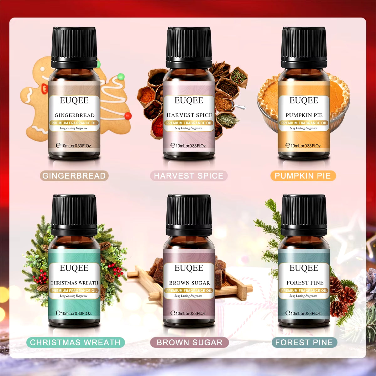 6PCS Fragrance Oils Gift Set - 10ML Forest Pine, Christmas Wreath, Brown Sugar, Harvest Spice, Gingerbread, Pumpkin Pie